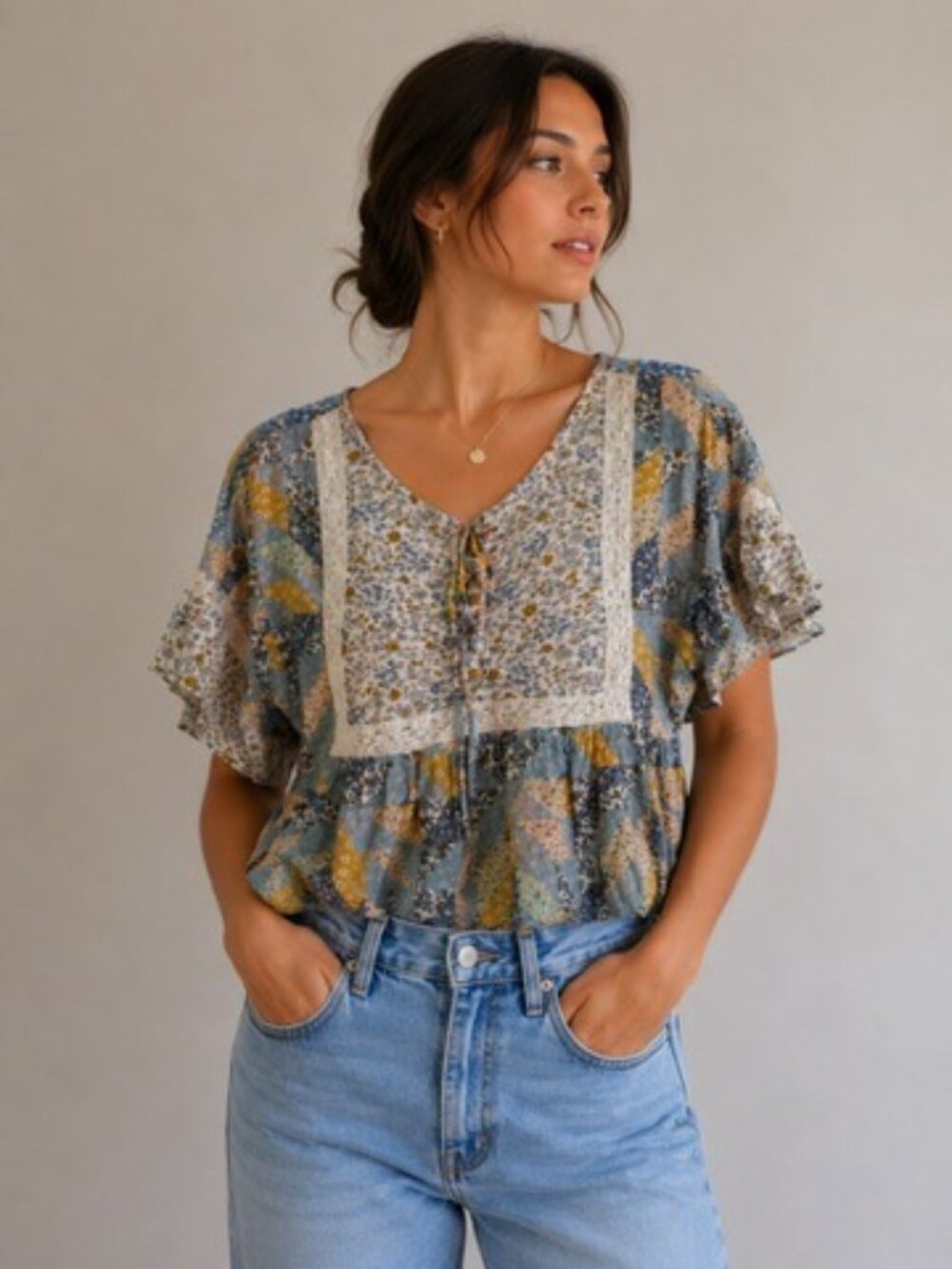 American Eagle Patchwork Floral Boho Peplum Blouse Size M